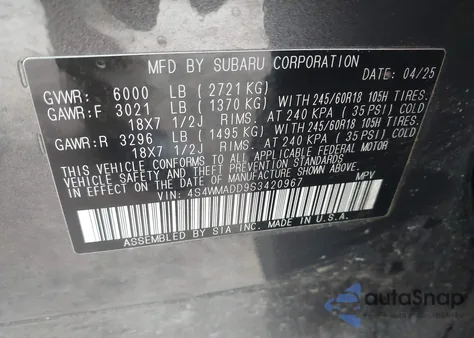 2025 Subaru Ascent Premium 7-Passenger z USA, uszkodzony, nr VIN 4S4WMADD9S3420967